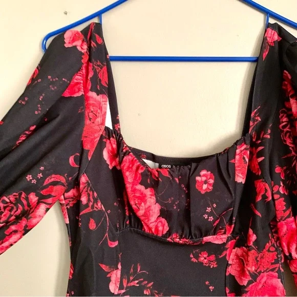 ASOS DESIGN long sleeve flippy mini dress with ruched bust in red floral print - Picture 8 of 8